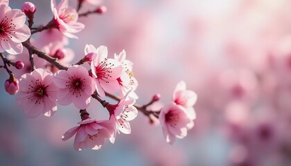 Obraz premium Sakura is blooming. Delicate pink cherry blossoms bloom beautifully on a tree branch during the spring season, filling the scene with vibrant colors and a sense of renewal in nature. Generative AI