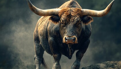 A Close-Up of a Large Brown Bull with Long Horns