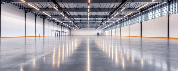 Spacious industrial warehouse with polished concrete flooring and high ceilings, ideal for storage or commercial setups.