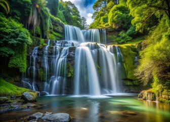 Fototapeta premium Tutea fallscataract type waterfall in June with a shallow depth of field, blurring the surrounding foliage to highlight the crystal-clear water
