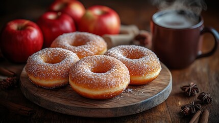 A rustic wooden board filled with freshly baked apple cider donuts dusted with cinnamon sugar, surrounded by red apples and a steaming mug of hot apple cider. The scene is illuminated by warm,