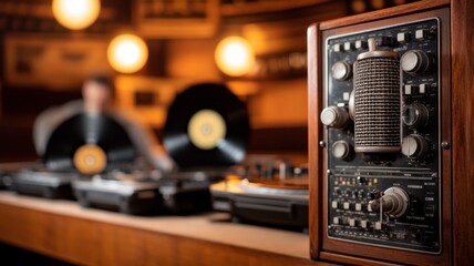 Fototapeta premium Vintage microphone in focus with DJ spinning records in a cozy music venue, creating an inviting atmosphere for music lovers.