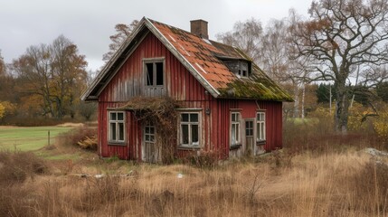 A weathered red house with a moss-covered roof stands abandoned in an overgrown autumn field. The scene evokes a sense of nostalgia and tranquility, capturing the beauty of decay and nature's reclaim.