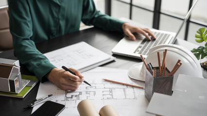 Architecture Man drawing on architectural Creative project business architecture building...