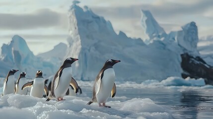 Fototapeta premium A whimsical photograph of a group of penguins waddling along an icy shoreline with dramatic ice formations in the background.