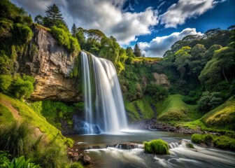 Tutea fallscataract type waterfall in June with a dramatic, sweeping curve, showcasing the waterfall's power and beauty