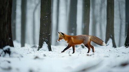 A striking photograph of a red fox trotting through a snow-covered forest, with its vibrant fur contrasting against the white snow and dark trees.