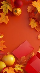 3D Autumn/Winter promotion atmosphere Empty background, 3D autumn/winter promotion atmosphere empty background, fallen leaves, harvest fruit, autumn/Winter color gift box, red envelope,3d, Autumn/wint