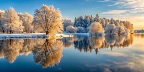 Snowy Sanctuary of Solace's Reflection: Quiet winter morning scene with snow-covered trees reflected in the calm, glassy surface of a frozen lake, bathed in soft, warm light.