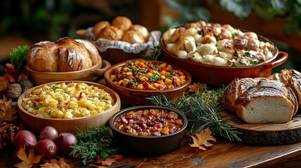 A side view of a rustic table overflowing with autumnal foods, including roasted vegetables, stews, and fresh bread, with fall leaves scattered around. The warm, golden lighting enhances the rich,