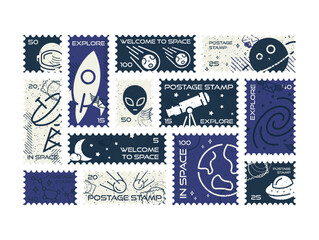 A collection of creative postage stamps featuring space themes, including rockets, planets, and extraterrestrial designs