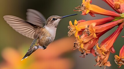 Fototapeta premium A close-up of a hummingbird hovering in front of a brightly colored flower, with its wings in rapid motion.