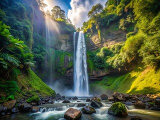 Fototapeta premium Coban Pelangi Falls in the afternoon, capturing the subtle, shimmering effect of the waterfall's spray