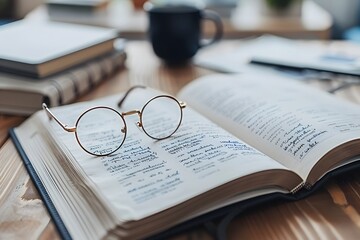 A Cozy Study Scene with Open Book and Reading Glasses