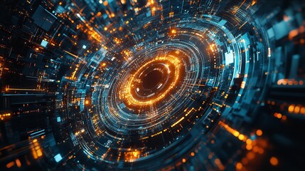 Fototapeta premium Abstract Digital Space Tunnel with Symmetrical Geometry and Dynamic Light Motion Technology Background