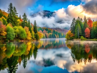 Fototapeta premium The misty atmosphere of Trou de Fer after the rain creates a sense of intimacy, with the lake's calm surface reflecting the vibrant colors of the surrounding trees and the few clouds in the sky.