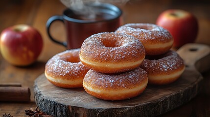 A side view of a wooden board topped with freshly baked apple cider donuts dusted with cinnamon sugar, set against a backdrop of apples and a steaming mug of hot cider.
