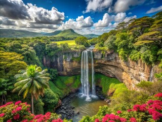 Mauritius (Island paradise with beautiful beaches, volcanic mountains, and diverse wildlife) in the morning, highlighting a stunning waterfall cascading down a rocky cliff