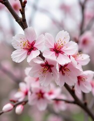 Sakura is blooming. Delicate pink cherry blossoms bloom beautifully on a tree branch during the spring season, filling the scene with vibrant colors and a sense of renewal in nature. Generative AI