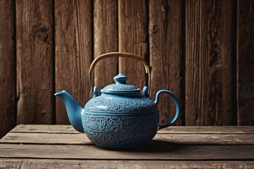 Vintage Blue Teapot with Rustic Wood Background – Nostalgic Charm for Creative Projects