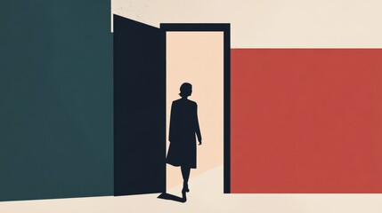 Fototapeta premium A minimalist woman walks towards the Truman world, an open door, color block, flat composition, low saturation of Morandi color scheme background color, outline, high resolution.