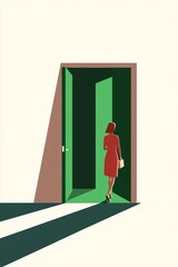 Fototapeta premium A minimalist woman walks towards the Truman world, an open door, color block, flat composition, low saturation of Morandi color scheme background color, outline, high resolution.