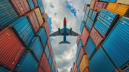 Fototapeta premium Low-angle view of an aircraft flying over stacks of shipping containers, symbolizing the integration of air and sea freight in global logistics.