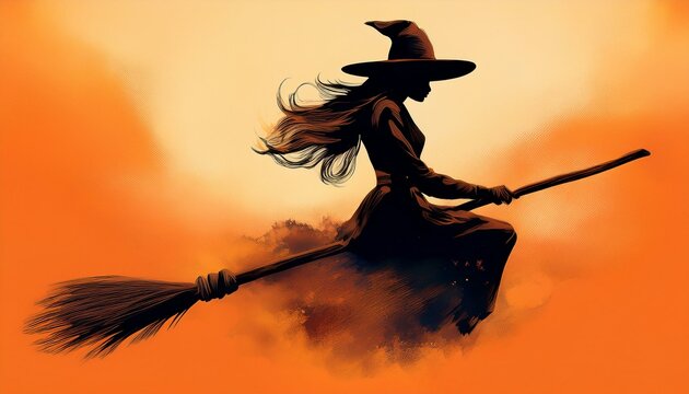 Composition d'Halloween : silhouette de sorci&egrave;re sur un balai magique