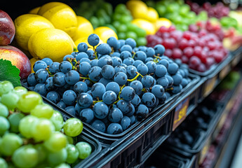 A display of fruit in a store, including grapes, apples, and oranges. The grapes are in a black container and are the most prominent fruit in the display