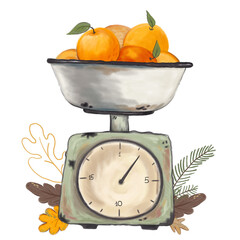 Illustration of a scale with apples. Autumn illustration.