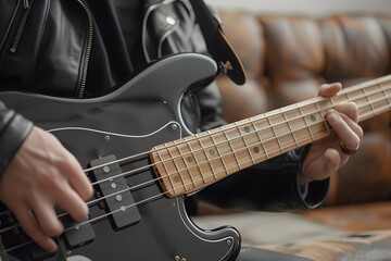 Fototapeta premium Close-Up of a Musician Playing a Black Bass Guitar in a Cozy Setting