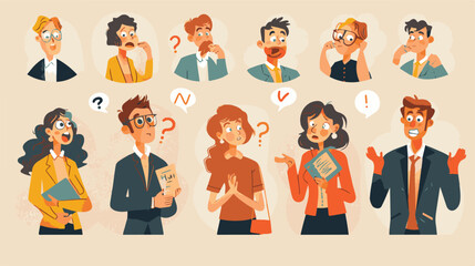 Set of puzzled and surprised office people. Problem solving and discussion. Vector flat illustration