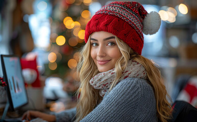 A woman wearing a red hat and scarf is sitting in front of a laptop. She is smiling and she is enjoying herself
