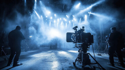Fototapeta premium Film making process with the production team preparing a complex scene, detailed lighting setup and equipment in focus