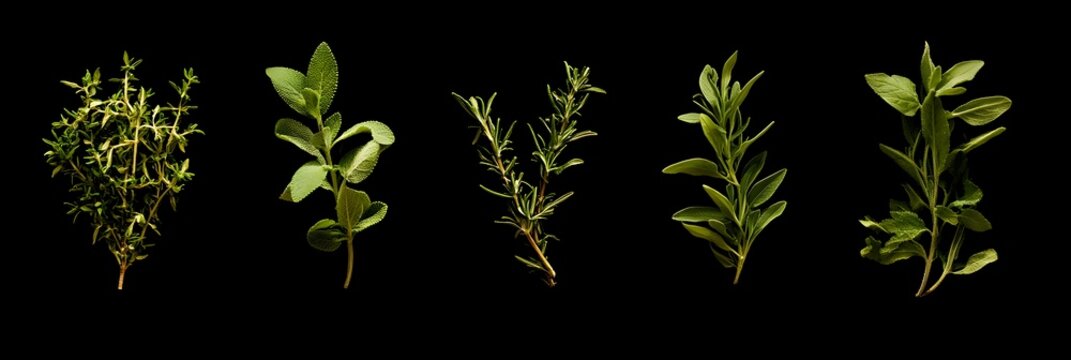Collection of Six Aromatic Herbs Displayed on Black Background