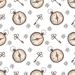 Compass and keys seamless pattern.