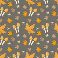 Mushroom pattern design. Autumn nature wallpaper. Wild forest pattern graphic. Mushrooms, psychedelic style background. Fantasy magic funny mushrooms. Acid print for a t-shirt.