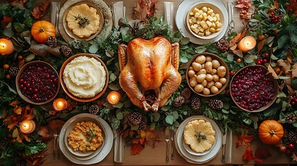 A top-down view of a classic Thanksgiving dinner table spread, featuring a perfectly roasted turkey, bowls of cranberry sauce, mashed potatoes, and slices of pumpkin pie.