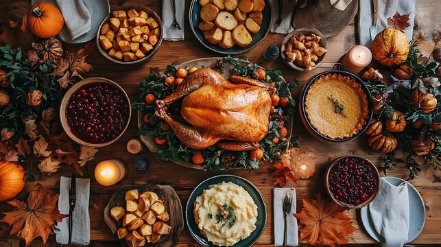 A top-down view of a classic Thanksgiving dinner table spread, featuring a perfectly roasted turkey, bowls of cranberry sauce, mashed potatoes, and slices of pumpkin pie. - Powered by Adobe