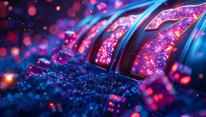 A casino slot machine with the number 27 on it. The machine is surrounded by a pile of dice