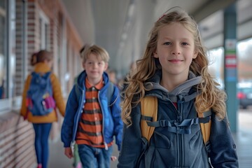 Children Walking in a School Corridor with Backpacks
