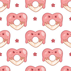 Seamless pattern with cute donut heart  cartoon character