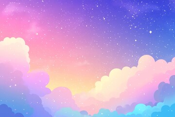 A pastel pink, purple, and blue gradient background with stars