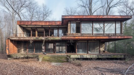 An abandoned house with a rusty exterior sits quietly in a dense forest. The structure's decay is evident, with overgrown vegetation and fallen leaves surrounding it, giving a sense of isolation and