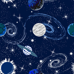 Planets and stars in a pattern.Abstract colored background with planets and stars.