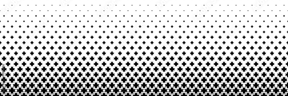 Poster horizontal halftone of black serrated star design for pattern and background.