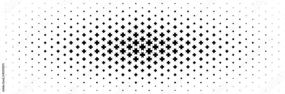 Poster horizontal halftone of black serrated star spread from center design for pattern and background.