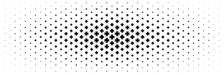 horizontal halftone of black serrated star spread from center design for pattern and background.