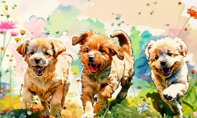 A watercolor painting of a playful group of puppies frolicking in a field of wildflowers, their tails wagging and their tongues lolling out. 4K Video