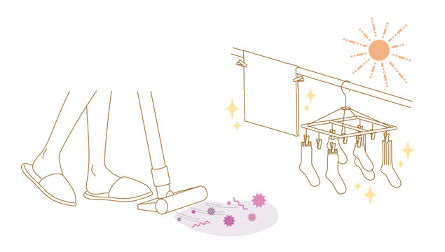 cleaning home scene: vacuuming, drying socks clip art preview